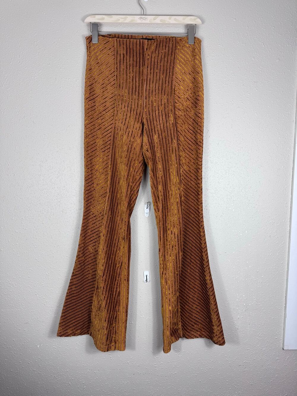 Free People Slim Pull On Velvet Flare Pants Copper & Gold Womens Size Large
